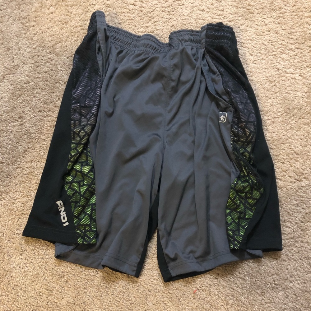 Grey AND1 basketball shorts, green&purple sides